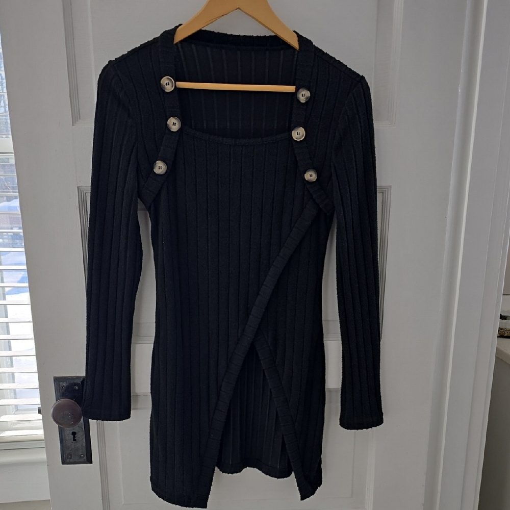 Black Ribbed Button-Detail Dress